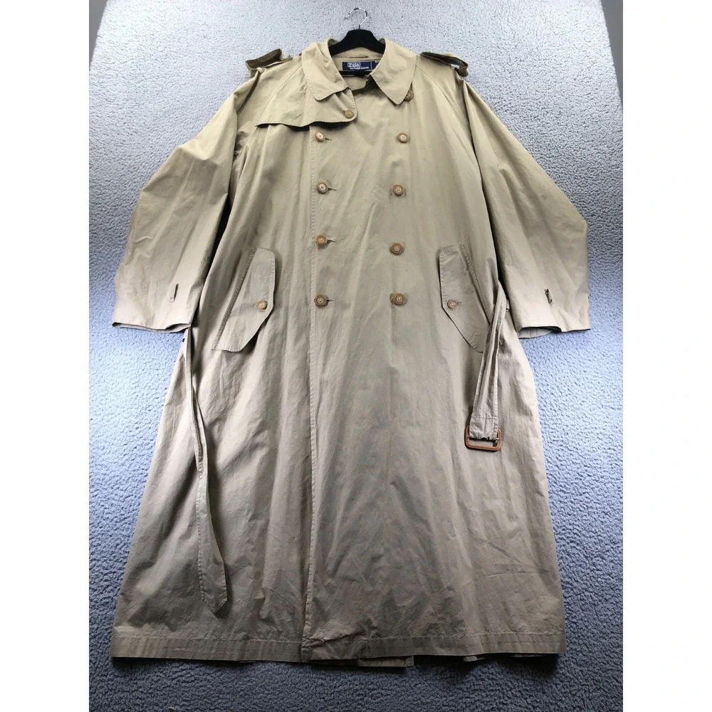 Vintage Polo Ralph Lauren Trench Coat Men Large Beige Double Breasted Belted 90s